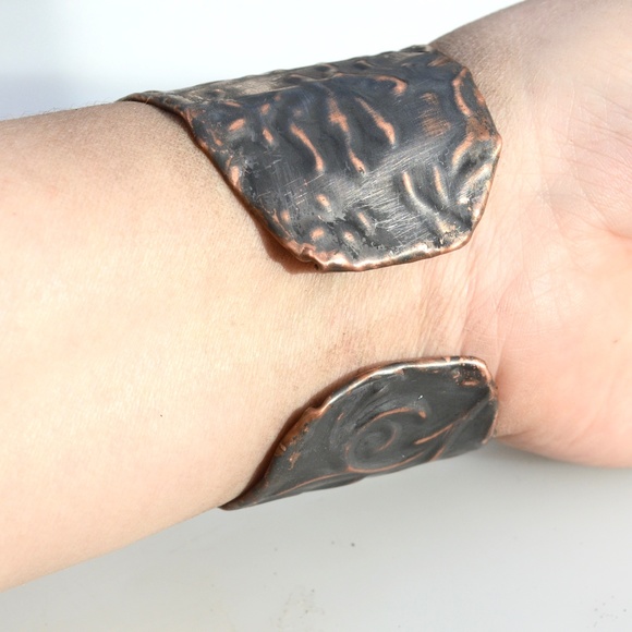 Floral Repoussé Solid Copper Wide Cuff Bracelet Embossed Handmade Bohemian Boho - Picture 6 of 8